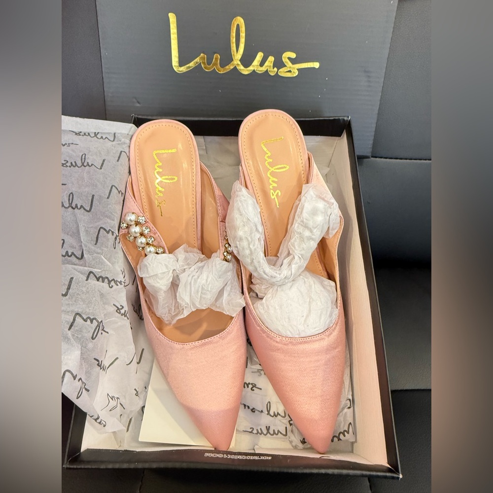 Lulu's Pink Satin Pearl-Embellished Pointed-Toe Mules - Picture 2 of 5